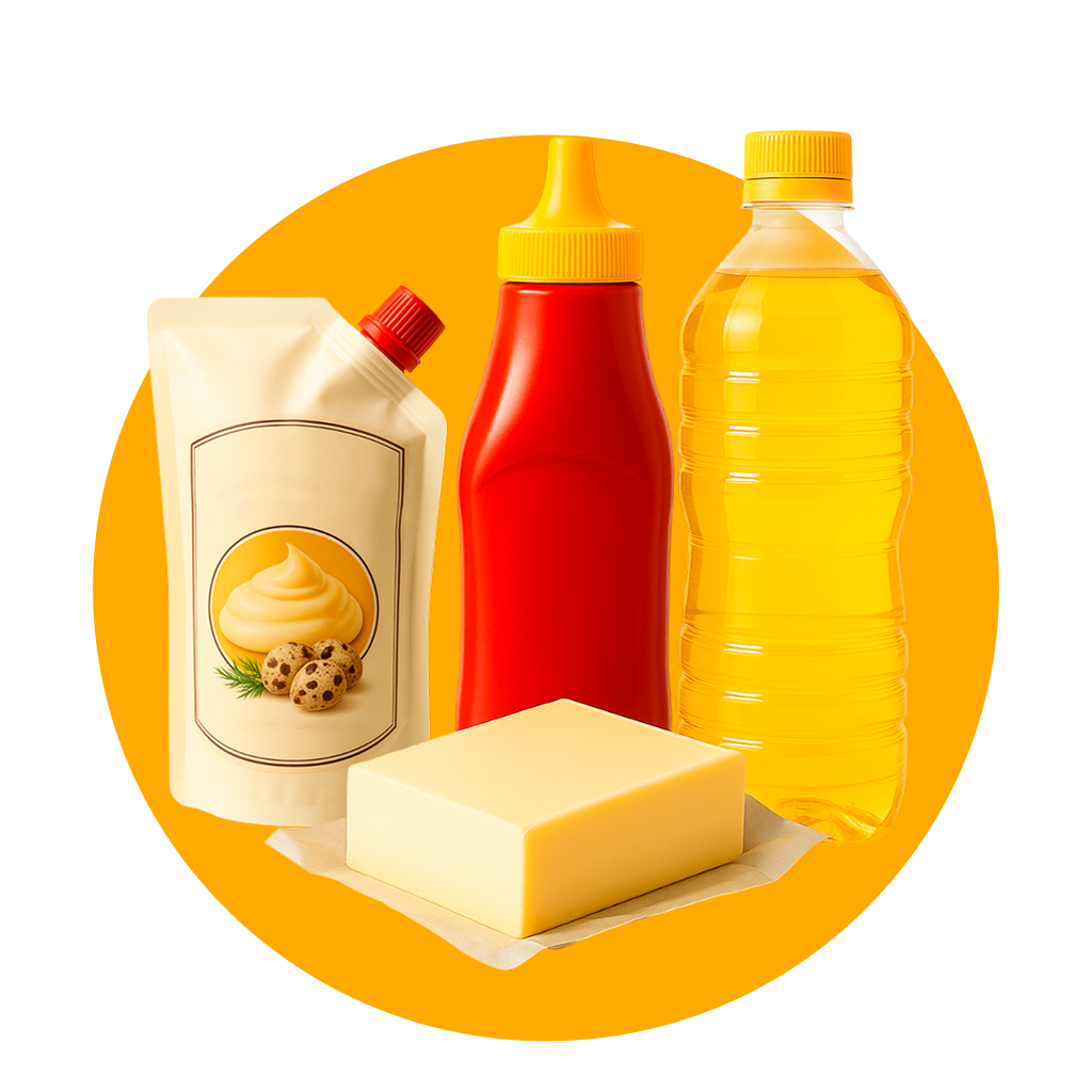 Соус, кетчуп, масло, уксус, спред