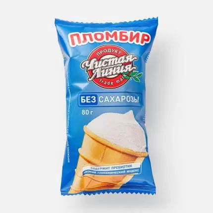 Мороженое пломбир Ванильн. 12% без сахарозы, ваф.стакан, 80г, флоупак, Чистая Линия (25шт)
