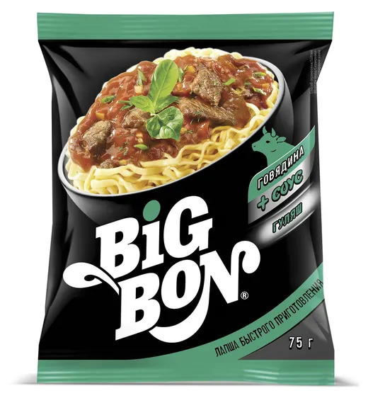 Лапша Говядина + соус Гуляш, 75г, пачка, BIGBON (48шт)