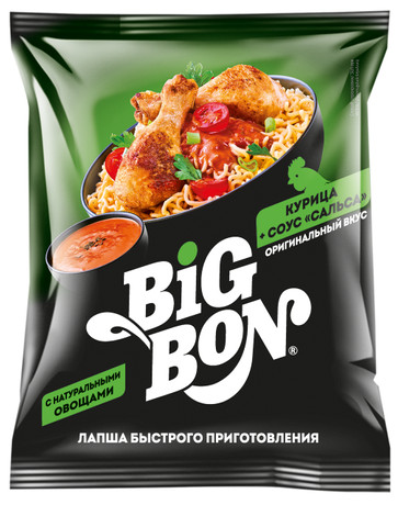 Лапша Курица + соус Сальса, 75г, пачка, BIGBON (48шт)