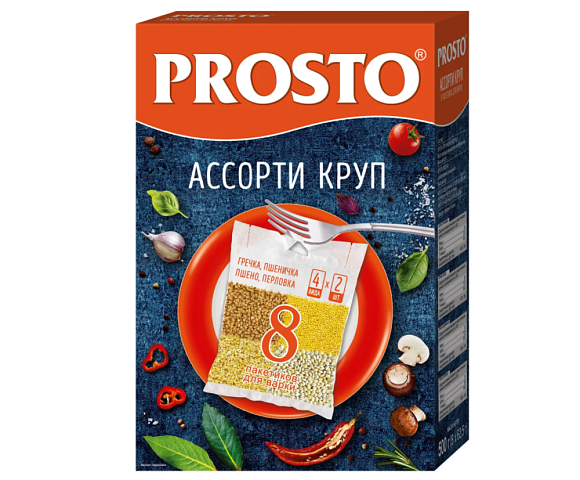 Ассорти круп (Гречка, Пшено, Пшеничка, Перловка), 500г, коробка, PROSTO (12шт)