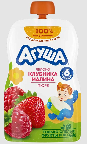 Пюре фрукт. Яблоко, Клубника, Малина, 90г, дой-пак, Агуша (10шт)