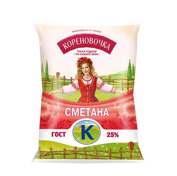 Сметана 25,0%, 400 г полипак, Кореновочка