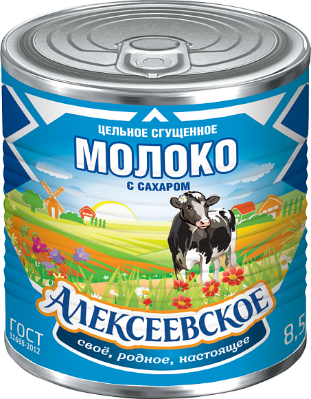 Молоко цельн. сгущ. с сах. 8,5%, 360 г 7Е, Алексеевское