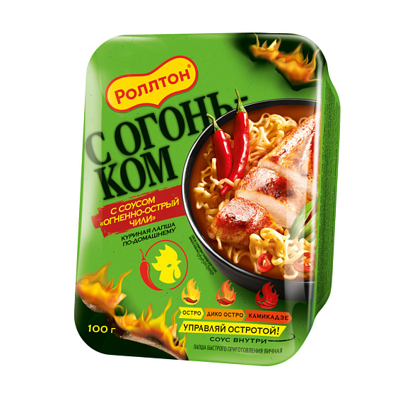 Лапша Куриная По-Домашнему с соусом Огненно-острый Чили, 100г, лоток, Роллтон (24шт)
