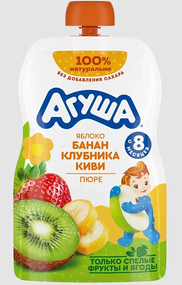 Пюре фрукт. Яблоко, Банан, Клубника, Киви, 90г, дой-пак, Агуша (10шт)
