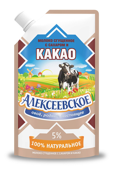 Молоко сгущ. с сах. и какао 5,0%, 270 г дойпак+, Алексеевское