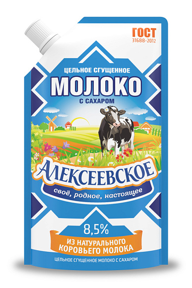 Молоко цельн. сгущ. с сах. 8,5%, 270 г дойпак+, Алексеевское