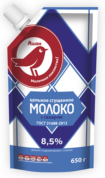 Молоко цельн. сгущ. с сах. 8,5%, 650 г дойпак+, Ашан