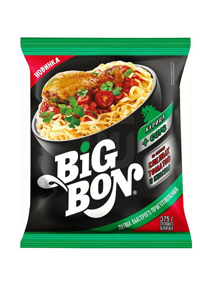 Лапша Курица + соус со вкус. спелых Томатов и Кинзы, 75г, пачка, BIGBON (48шт)