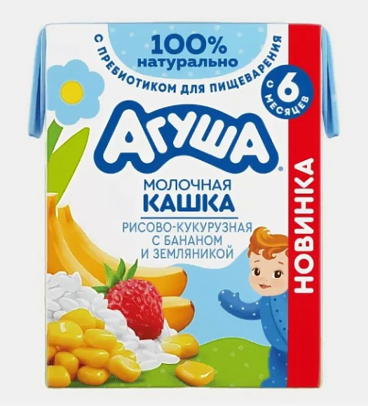 Каша молочн. Вставай-ка Банан, Земляника, Кукуруза, Рис 2%, 200мл, тетра бейз, Агуша (10шт)