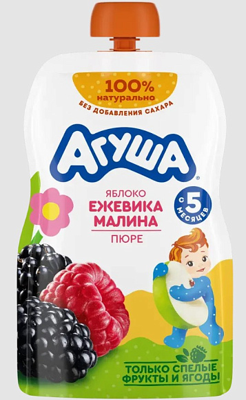 Пюре фрукт. Яблоко, Ежевика, Малина, 90г, дой-пак, Агуша (10шт)