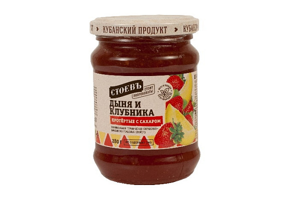 Дыня и клубника протертые с сахаром, 280г, ст. банка (евро), Стоевъ (12шт)