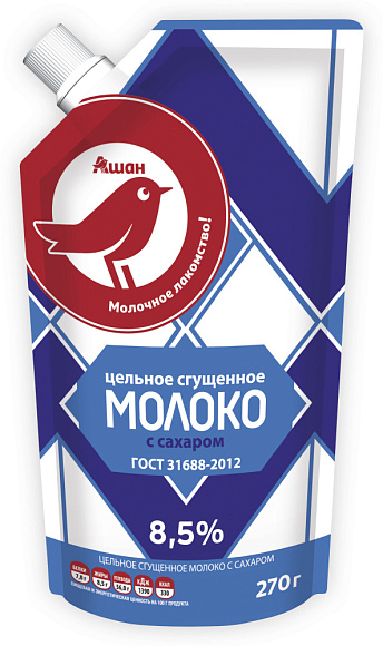Молоко цельн. сгущ. с сах. 8,5%, 270 г дойпак+, Ашан