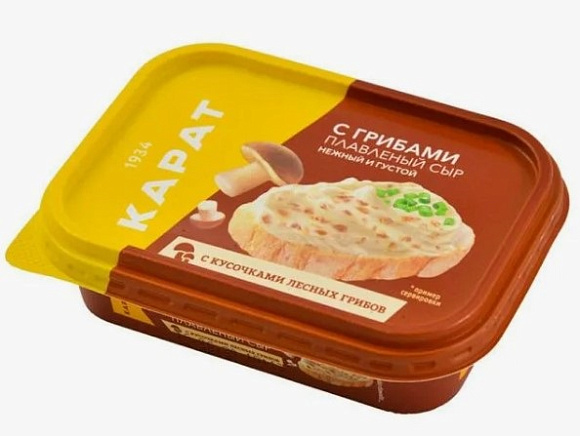 Сыр плавленый Сливочный с грибами, 45%, 200г, евроконтейнер, Карат (12шт)