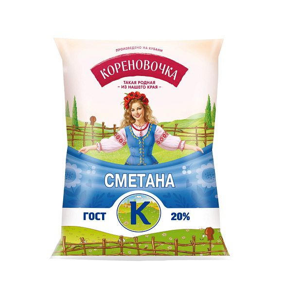Сметана 20,0%, 400 г полипак, Кореновочка