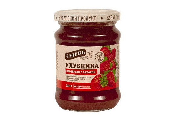 Клубника протертая с сахаром, 280г, ст. банка (евро), Стоевъ (12шт)
