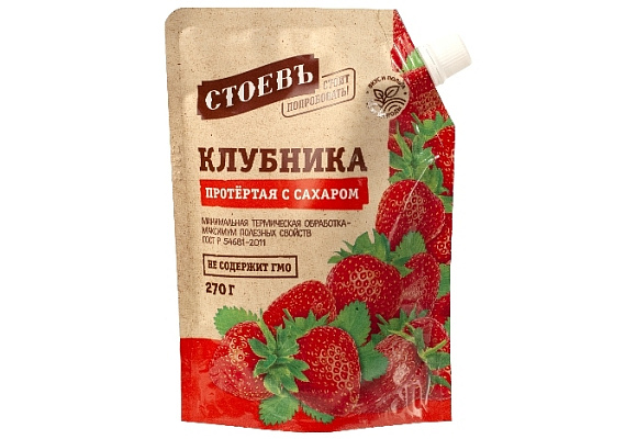 Клубника протертая с сахаром, 270г, дойпак, Стоевъ (18шт)