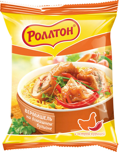 Вермишель на домашнем бульоне с Острой Курицей, 60г, пачка, Роллтон (42шт)