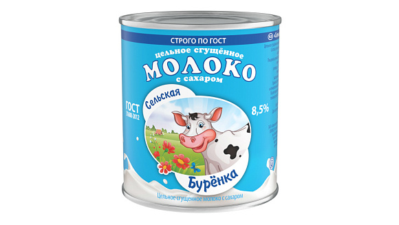 Молоко цельн. сгущ. с сах. 8,5%, 380 г 7Е+, Сельская Буренка