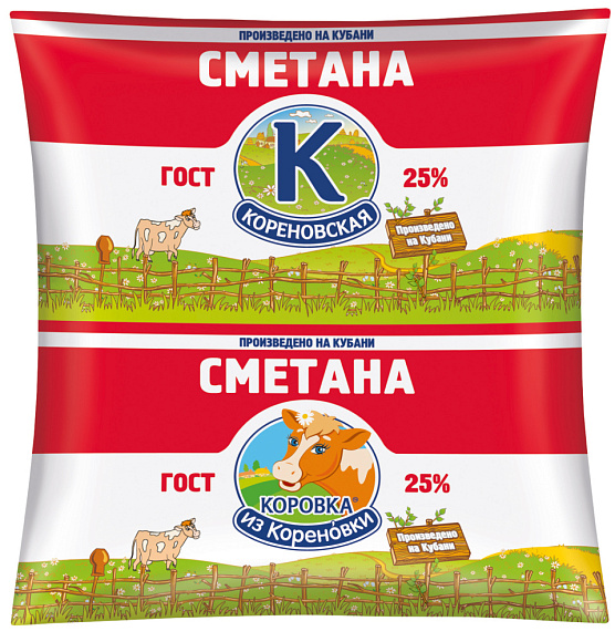 Сметана 25,0%, 400 г полипак, Кореновск.