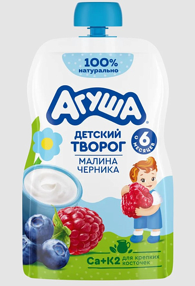 Творог фруктовый Малина, черника 4%, 80г, дой-пак, Агуша (6шт)