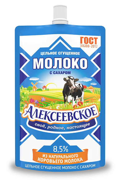 Молоко цельн. сгущ. с сах. 8,5%, 100 г дойпак+, Алексеевское