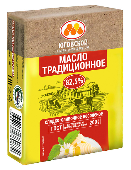 Масло сладко-сливочн. Традиционное 82,5%, 200г, фольга, Юговской (20шт)