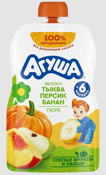 Пюре фрукт.-овощн. Яблоко, Тыква, Персик, Банан, 90г, дой-пак, Агуша (10шт)
