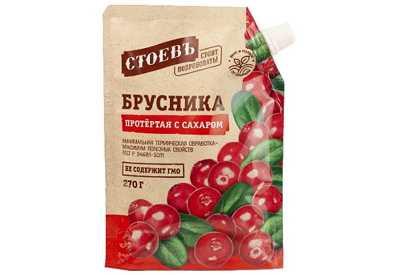 Брусника протертая с сахаром, 270г, дойпак, Стоевъ (18шт)