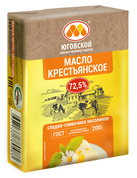 Масло сладко-сливочн. Крестьянское 72,5%, 200г, фольга, Юговской (20шт)