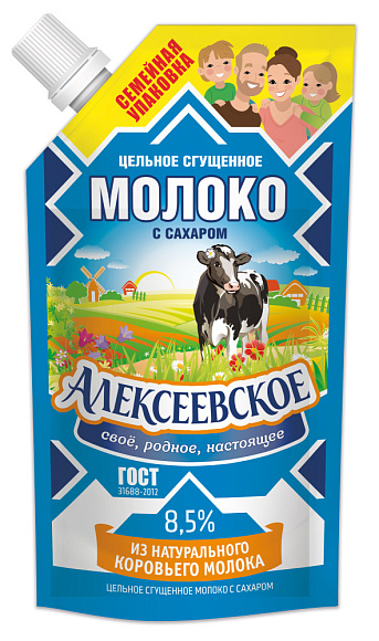 Молоко цельн. сгущ. с сах. 8,5%, 650 г дойпак+, Алексеевское