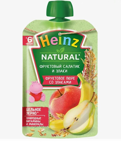 Пюре Фруктовый Салатик и Злаки, 90г, пауч, HEINZ (12шт)